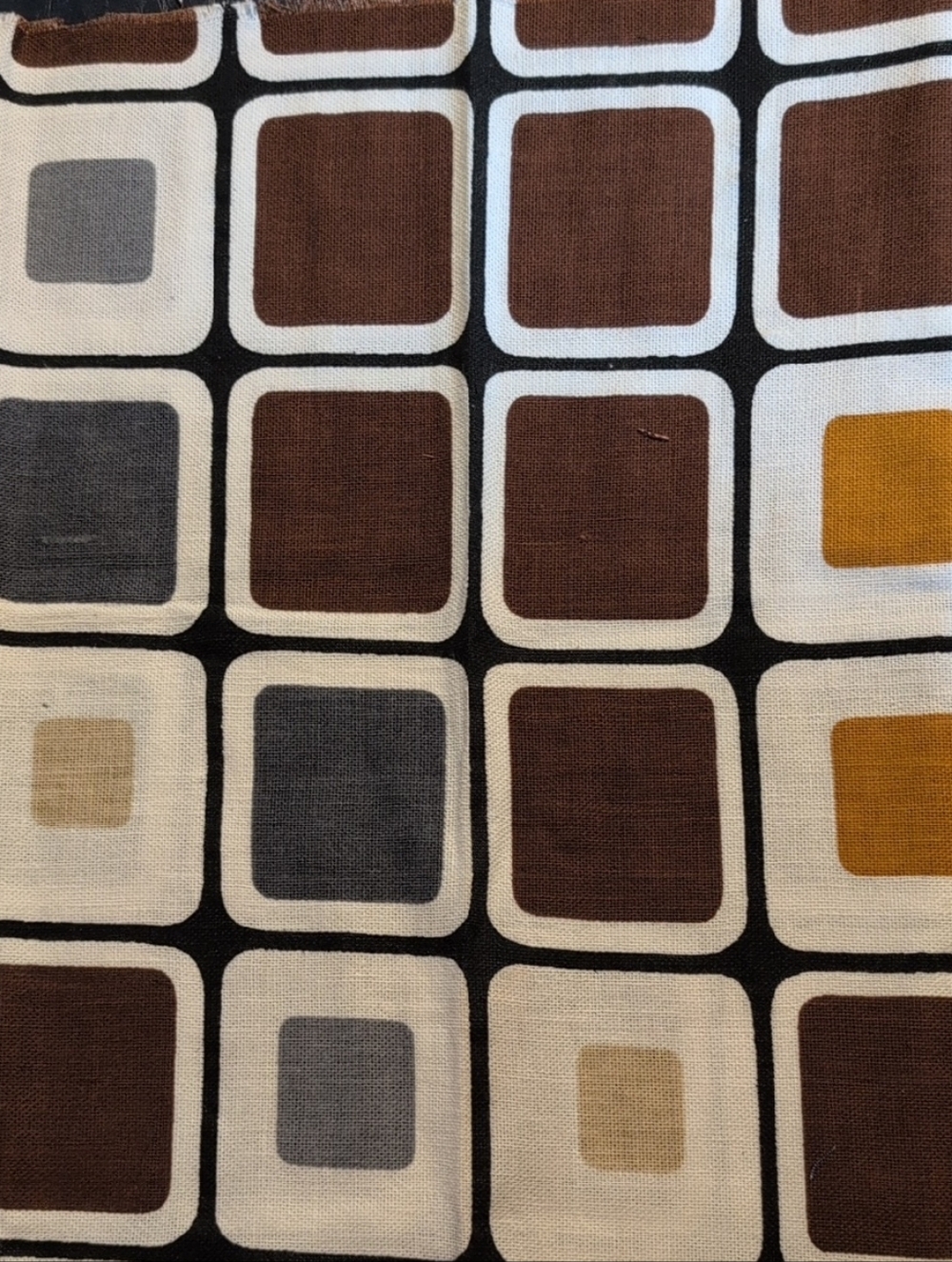 Vintage Retro Geometric Square Print Fabric - Brown, Black, Gray, Mustard